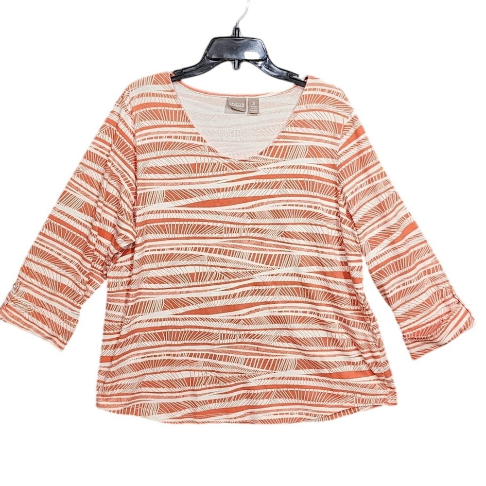 Chico's Women's Top‎ Size 3 Orange White 3/4 Sleeve Abstract Print Blouse XL/16